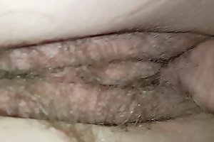 Smashing young amateur teen'_s tight hairy sloppy untidy pussy bareback close-up